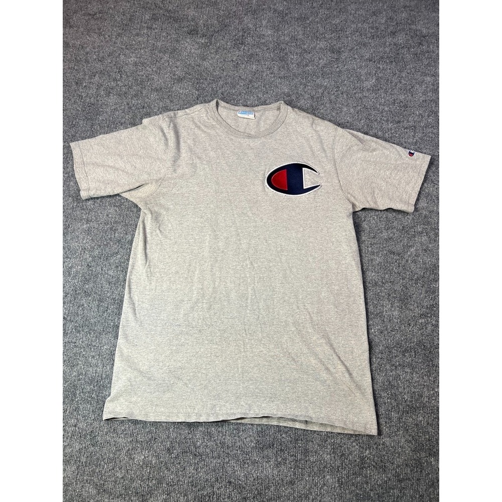 Champion Men L Heather Gray Big C Chenille Patch T Shirt Classic Y2K Clean Fit